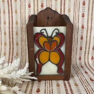 Stained Glass Butterfly Wall Sconce, Wood and Glass Candle Holder
